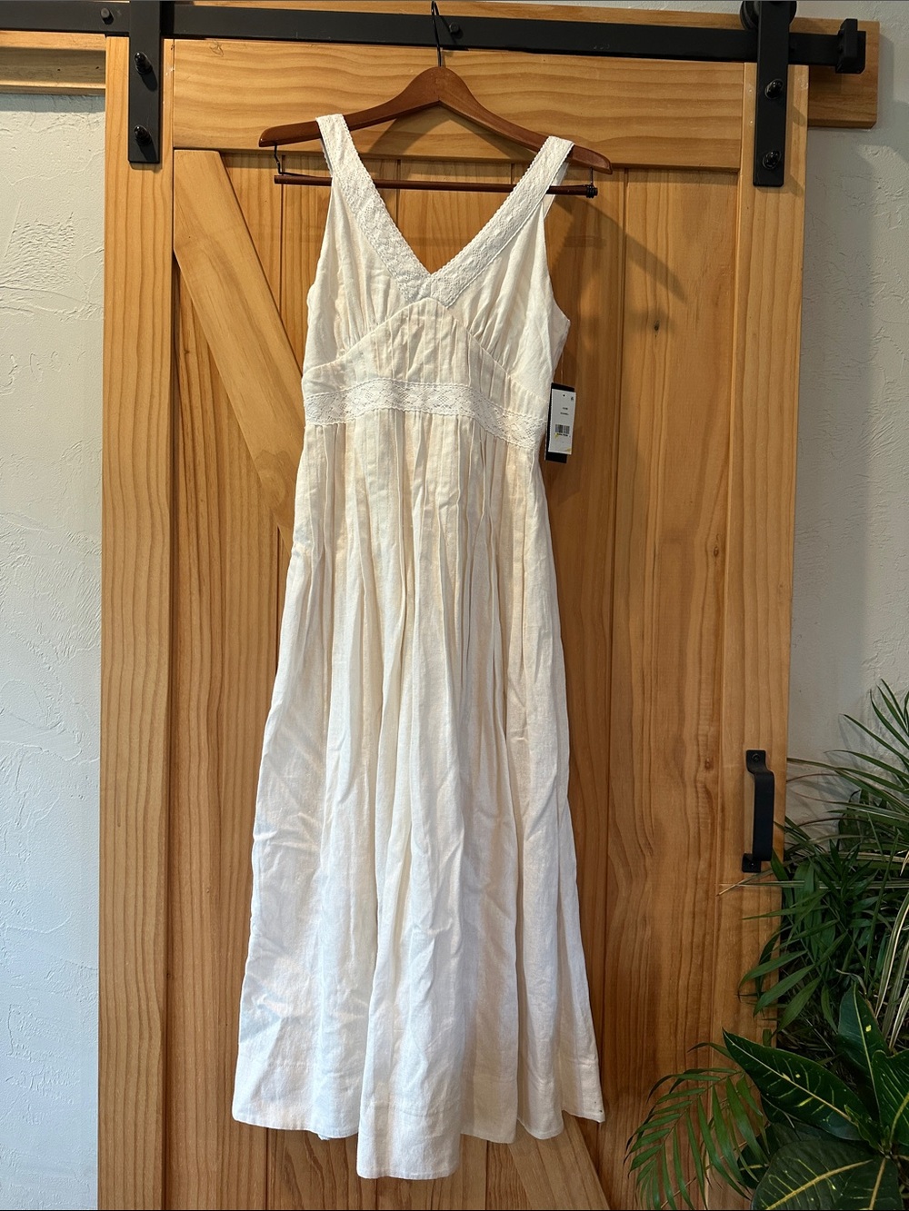 Taylor Eggshell White Maxi Lined Linen Dress with Lace Trim
